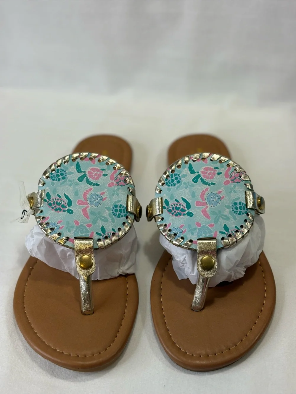 NWT Simply Southern Floral Gold Reversible Sandals - Blue/Pink SZ 6